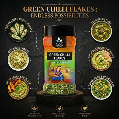 GREEN CHILLI FLAKES | Fresh Tangy Heat for Seasoning & Dips | Gluten-Free | No MSG | No Artificial Flavours | 365 Spicery