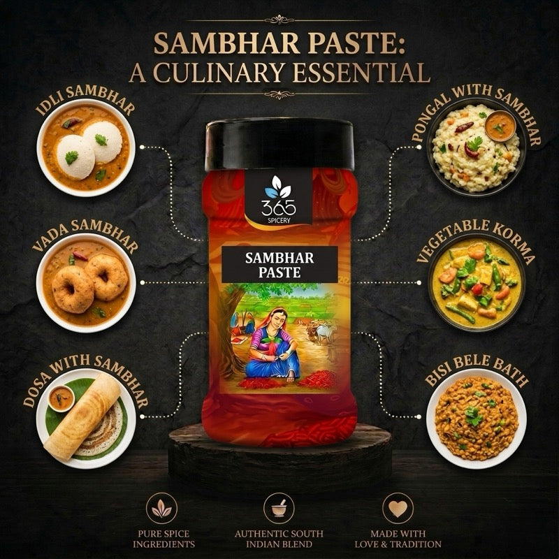 SAMBHAR PASTE | Traditional South Indian Lentil Base | No Artificial Flavours | Vegan | Authentic | 365 Spicery