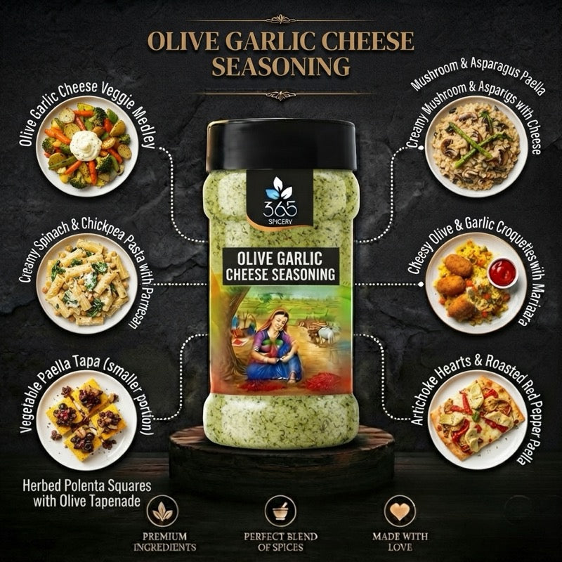 OLIVE GARLIC CHEESE SEASONING | Gourmet Snack Topping | Gluten-Free | No Artificial Colours | 365 Spicery