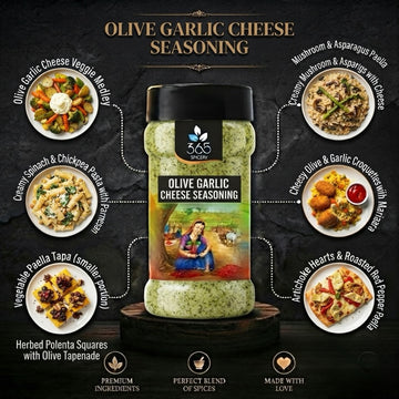 OLIVE GARLIC CHEESE SEASONING | Gourmet Snack Topping | Gluten-Free | No Artificial Colours | 365 Spicery