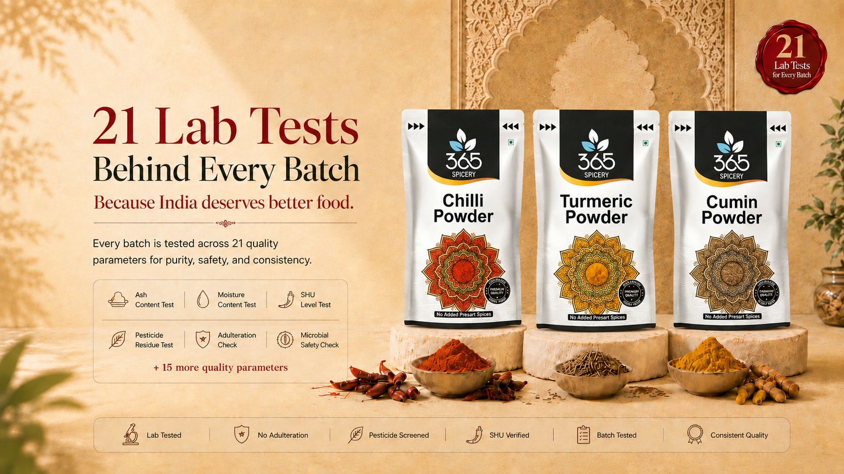 21 Lab Tests Behind Every Batch — 365 Spicery Quality Commitment